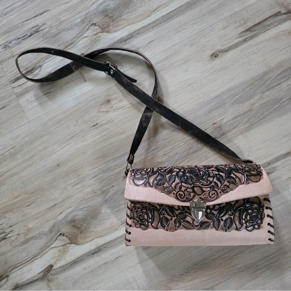 Hand-Tooled Embossed Mexican Floral Handbag Rose Artesanal Shoulder Purse 10x5.5